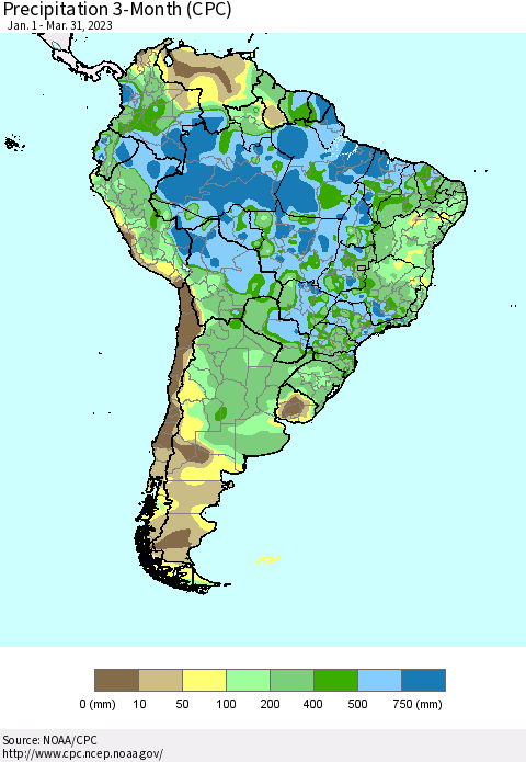 South America Precipitation 3-Month (CPC) Thematic Map For 1/1/2023 - 3/31/2023