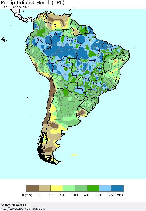 South America Precipitation 3-Month (CPC) Thematic Map For 1/6/2023 - 4/5/2023