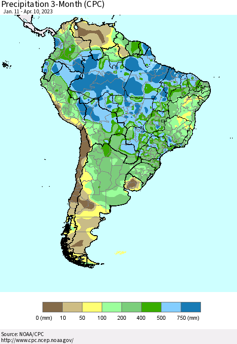 South America Precipitation 3-Month (CPC) Thematic Map For 1/11/2023 - 4/10/2023