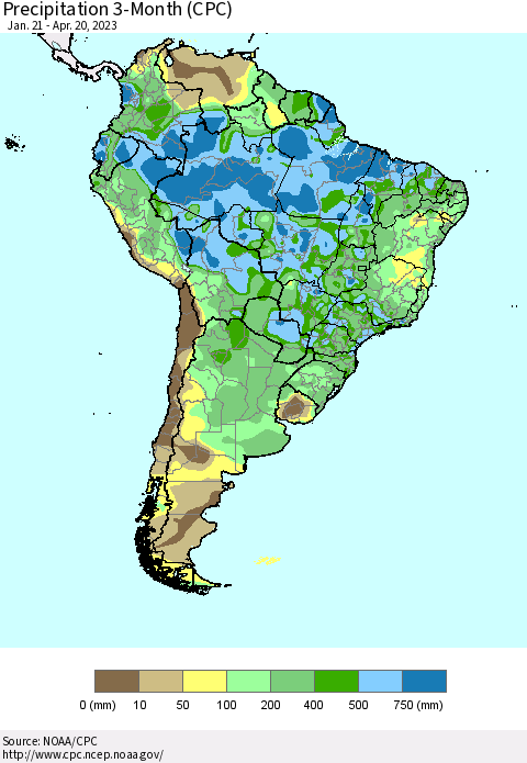 South America Precipitation 3-Month (CPC) Thematic Map For 1/21/2023 - 4/20/2023