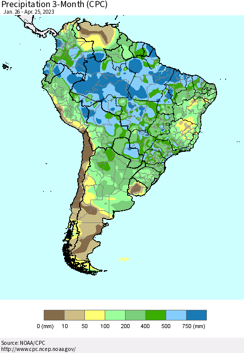 South America Precipitation 3-Month (CPC) Thematic Map For 1/26/2023 - 4/25/2023