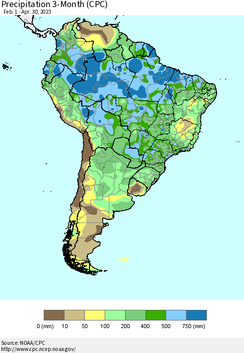 South America Precipitation 3-Month (CPC) Thematic Map For 2/1/2023 - 4/30/2023