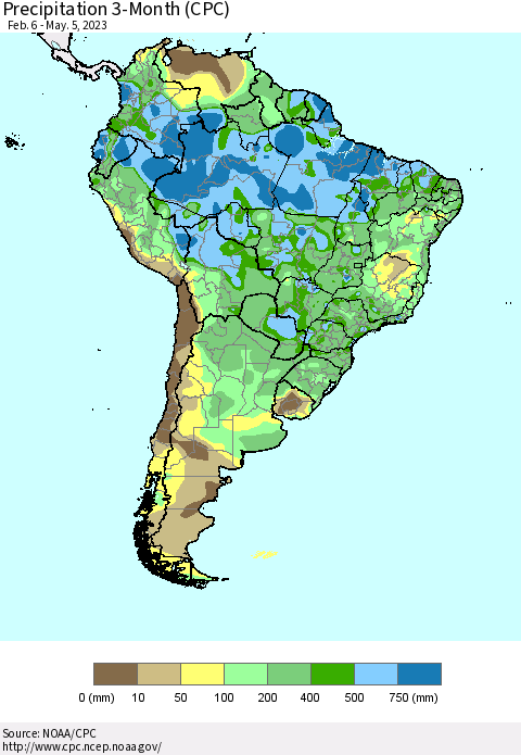 South America Precipitation 3-Month (CPC) Thematic Map For 2/6/2023 - 5/5/2023