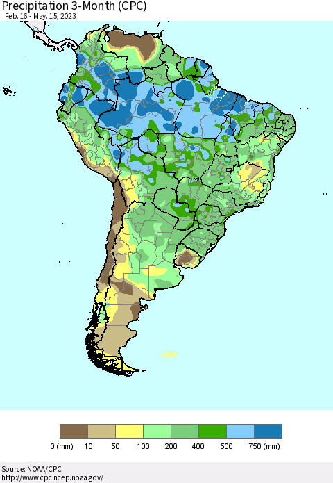 South America Precipitation 3-Month (CPC) Thematic Map For 2/16/2023 - 5/15/2023