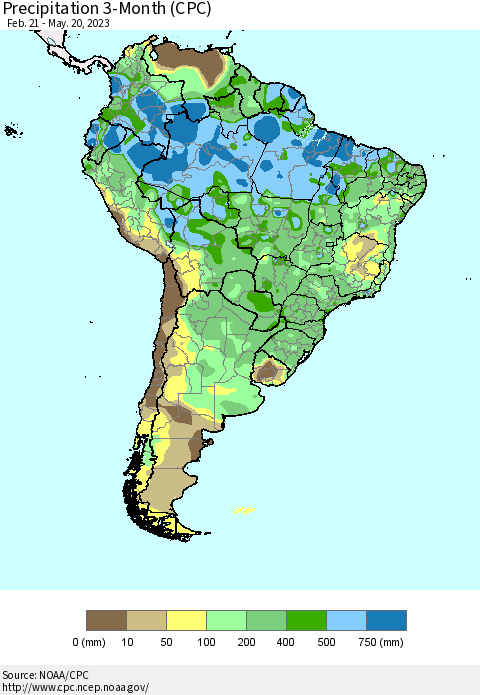 South America Precipitation 3-Month (CPC) Thematic Map For 2/21/2023 - 5/20/2023