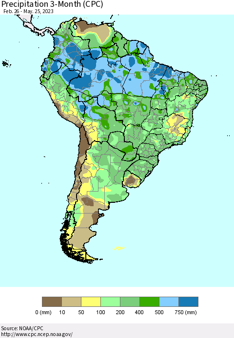 South America Precipitation 3-Month (CPC) Thematic Map For 2/26/2023 - 5/25/2023