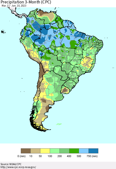 South America Precipitation 3-Month (CPC) Thematic Map For 3/11/2023 - 6/10/2023
