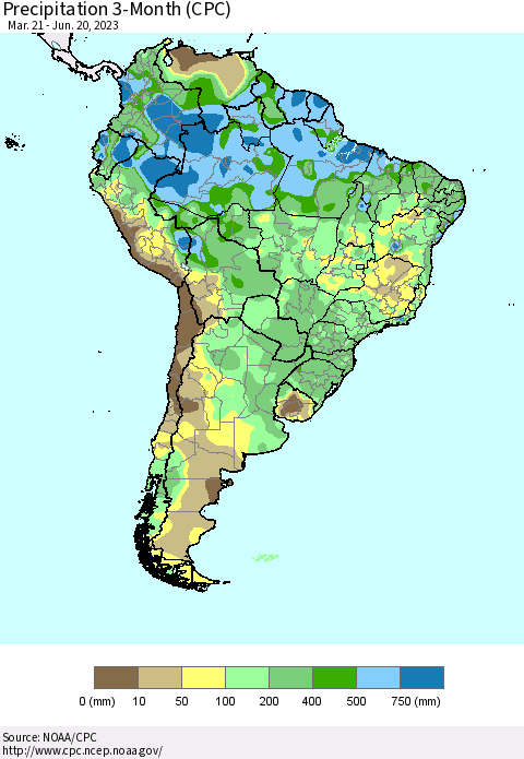 South America Precipitation 3-Month (CPC) Thematic Map For 3/21/2023 - 6/20/2023