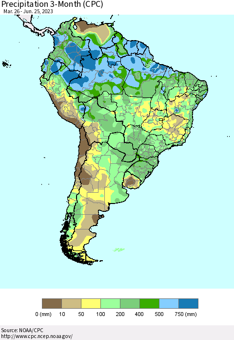 South America Precipitation 3-Month (CPC) Thematic Map For 3/26/2023 - 6/25/2023