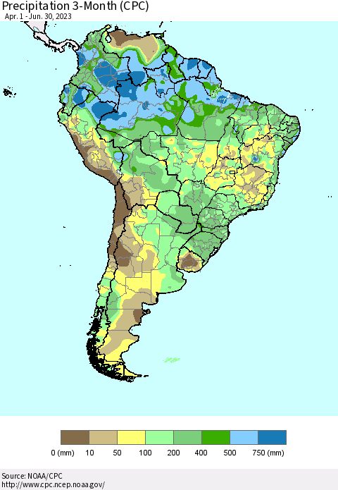 South America Precipitation 3-Month (CPC) Thematic Map For 4/1/2023 - 6/30/2023