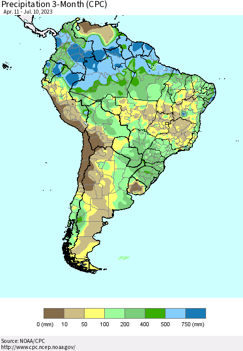 South America Precipitation 3-Month (CPC) Thematic Map For 4/11/2023 - 7/10/2023