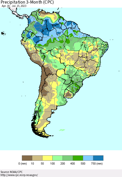 South America Precipitation 3-Month (CPC) Thematic Map For 4/16/2023 - 7/15/2023