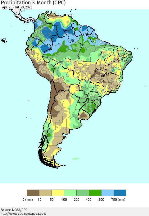 South America Precipitation 3-Month (CPC) Thematic Map For 4/21/2023 - 7/20/2023