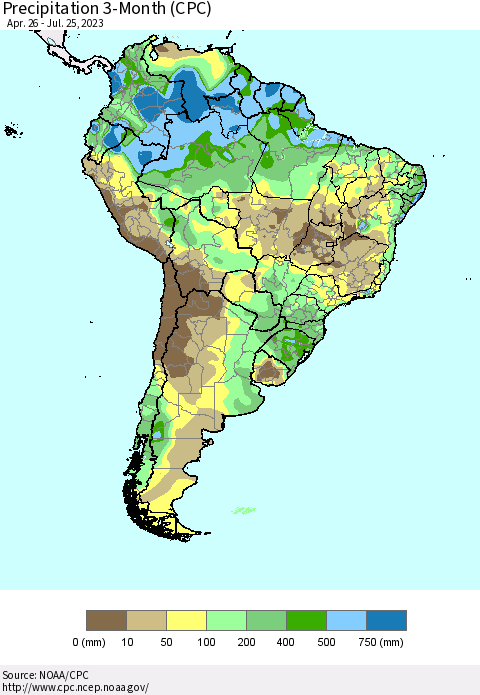 South America Precipitation 3-Month (CPC) Thematic Map For 4/26/2023 - 7/25/2023