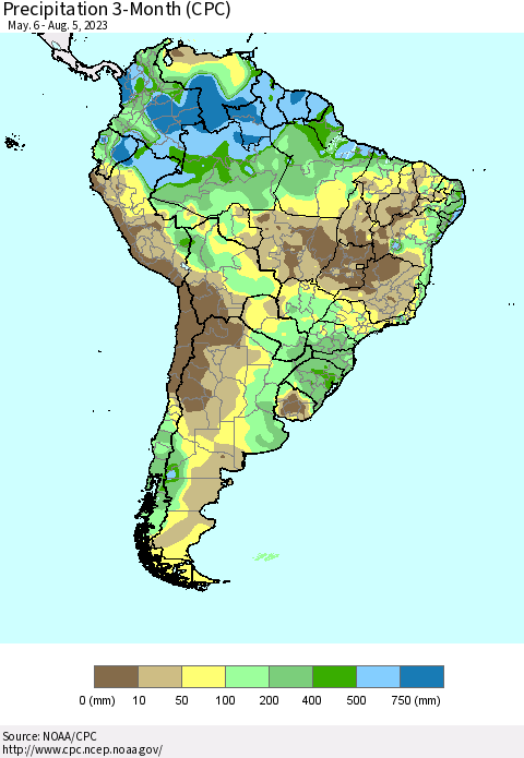 South America Precipitation 3-Month (CPC) Thematic Map For 5/6/2023 - 8/5/2023