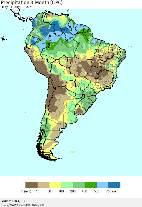 South America Precipitation 3-Month (CPC) Thematic Map For 5/11/2023 - 8/10/2023