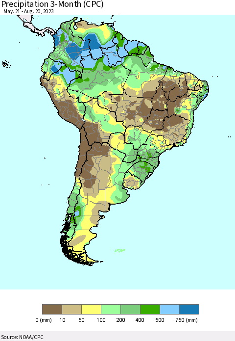 South America Precipitation 3-Month (CPC) Thematic Map For 5/21/2023 - 8/20/2023