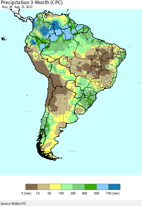 South America Precipitation 3-Month (CPC) Thematic Map For 5/26/2023 - 8/25/2023