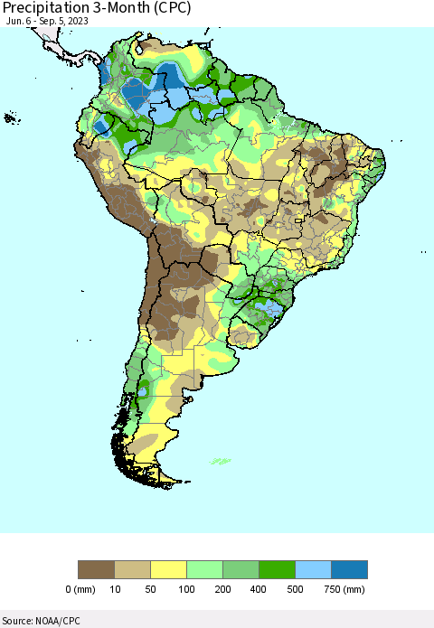 South America Precipitation 3-Month (CPC) Thematic Map For 6/6/2023 - 9/5/2023