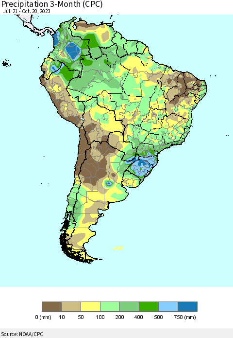 South America Precipitation 3-Month (CPC) Thematic Map For 7/21/2023 - 10/20/2023