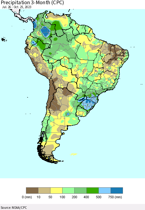 South America Precipitation 3-Month (CPC) Thematic Map For 7/26/2023 - 10/25/2023