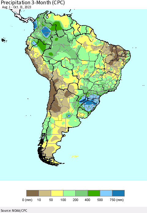 South America Precipitation 3-Month (CPC) Thematic Map For 8/1/2023 - 10/31/2023