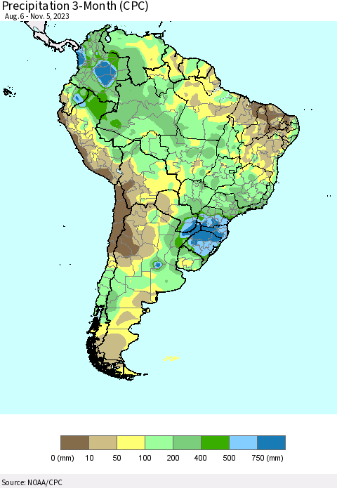 South America Precipitation 3-Month (CPC) Thematic Map For 8/6/2023 - 11/5/2023