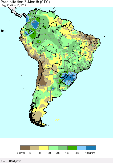 South America Precipitation 3-Month (CPC) Thematic Map For 8/11/2023 - 11/10/2023