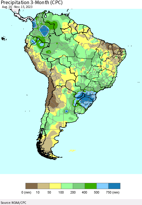 South America Precipitation 3-Month (CPC) Thematic Map For 8/16/2023 - 11/15/2023