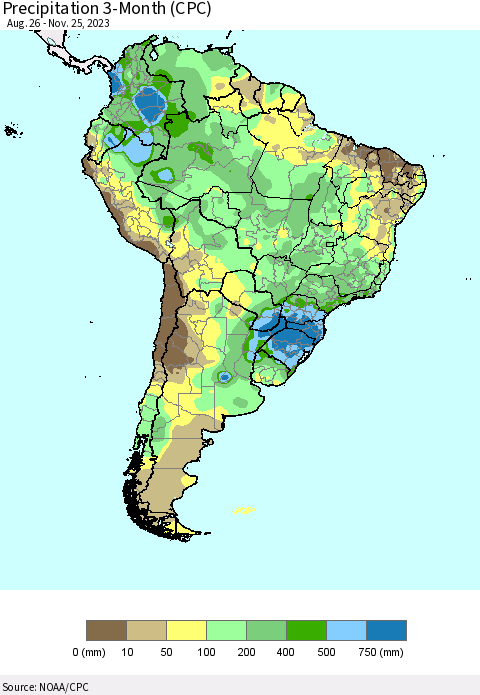 South America Precipitation 3-Month (CPC) Thematic Map For 8/26/2023 - 11/25/2023