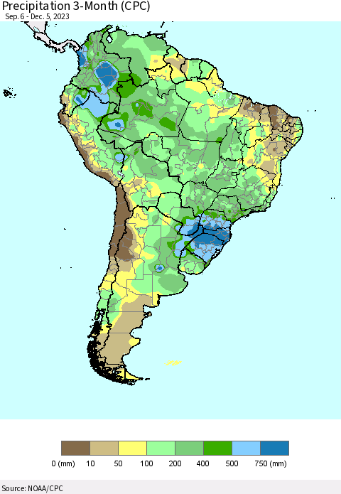South America Precipitation 3-Month (CPC) Thematic Map For 9/6/2023 - 12/5/2023