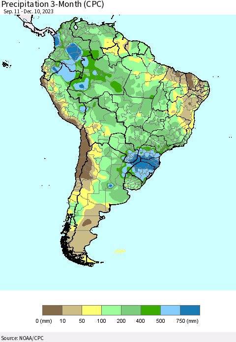 South America Precipitation 3-Month (CPC) Thematic Map For 9/11/2023 - 12/10/2023