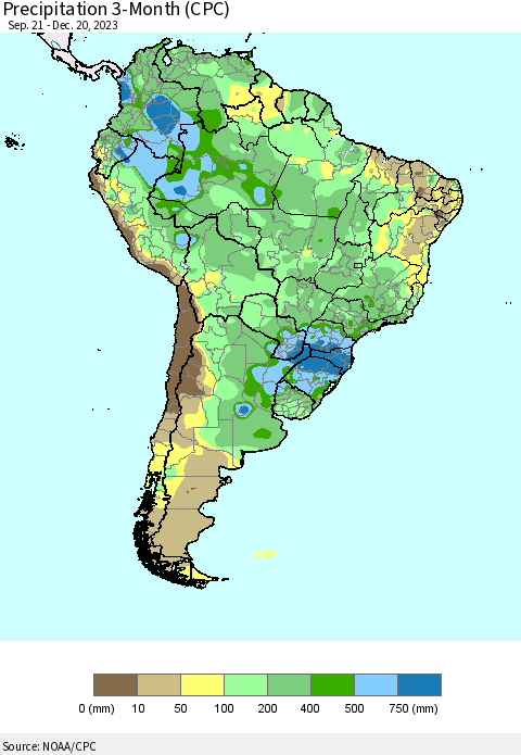 South America Precipitation 3-Month (CPC) Thematic Map For 9/21/2023 - 12/20/2023