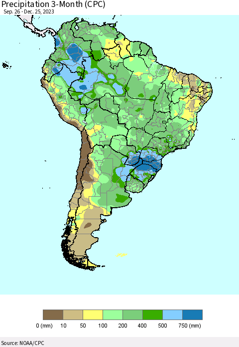 South America Precipitation 3-Month (CPC) Thematic Map For 9/26/2023 - 12/25/2023