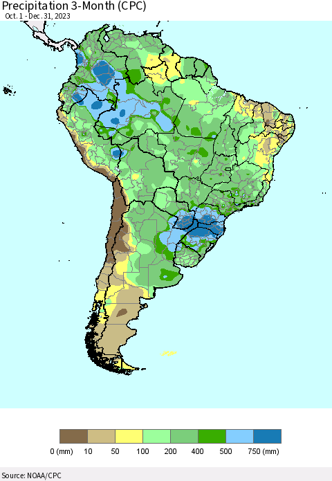 South America Precipitation 3-Month (CPC) Thematic Map For 10/1/2023 - 12/31/2023