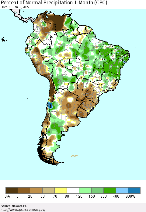 South America Percent of Normal Precipitation 1-Month (CPC) Thematic Map For 12/6/2021 - 1/5/2022