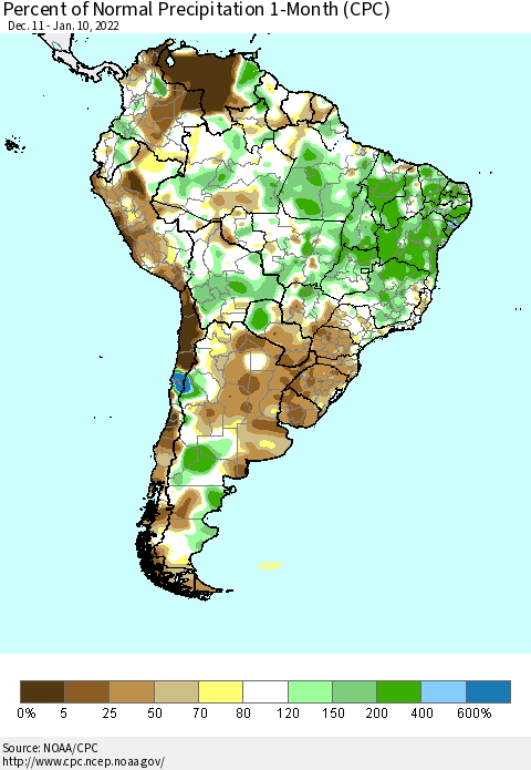 South America Percent of Normal Precipitation 1-Month (CPC) Thematic Map For 12/11/2021 - 1/10/2022