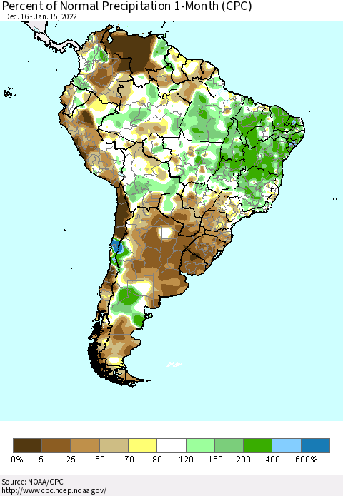 South America Percent of Normal Precipitation 1-Month (CPC) Thematic Map For 12/16/2021 - 1/15/2022