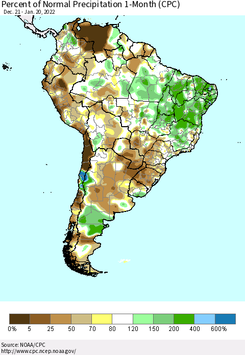 South America Percent of Normal Precipitation 1-Month (CPC) Thematic Map For 12/21/2021 - 1/20/2022