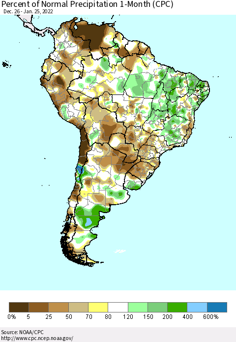 South America Percent of Normal Precipitation 1-Month (CPC) Thematic Map For 12/26/2021 - 1/25/2022