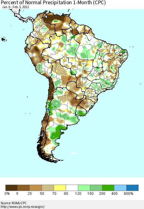 South America Percent of Normal Precipitation 1-Month (CPC) Thematic Map For 1/6/2022 - 2/5/2022