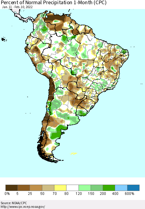 South America Percent of Normal Precipitation 1-Month (CPC) Thematic Map For 1/11/2022 - 2/10/2022