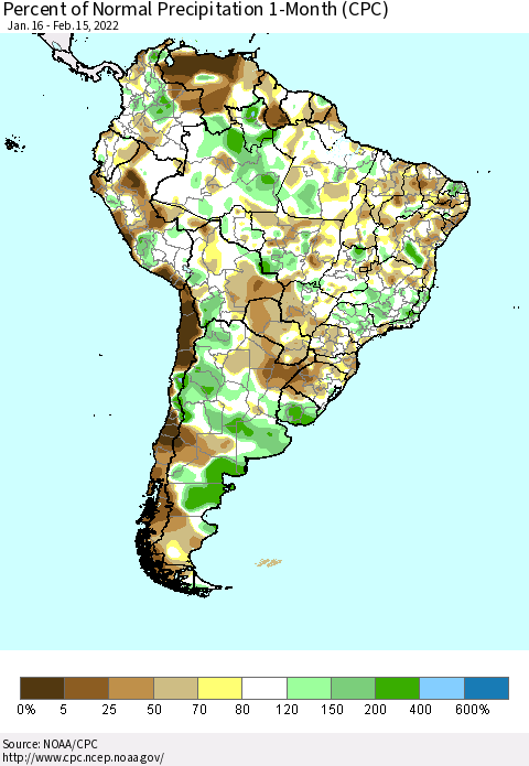 South America Percent of Normal Precipitation 1-Month (CPC) Thematic Map For 1/16/2022 - 2/15/2022