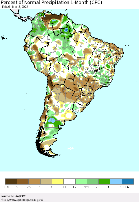 South America Percent of Normal Precipitation 1-Month (CPC) Thematic Map For 2/6/2022 - 3/5/2022