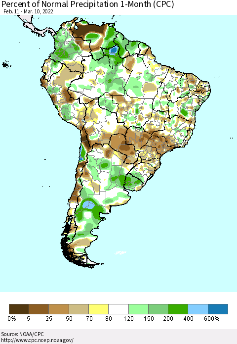South America Percent of Normal Precipitation 1-Month (CPC) Thematic Map For 2/11/2022 - 3/10/2022