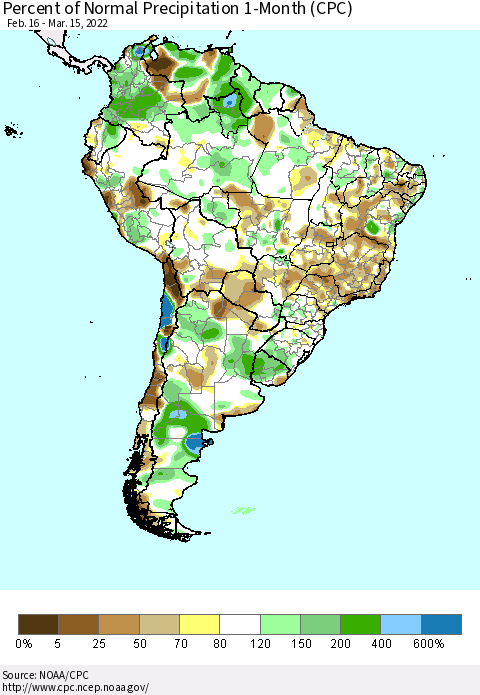 South America Percent of Normal Precipitation 1-Month (CPC) Thematic Map For 2/16/2022 - 3/15/2022
