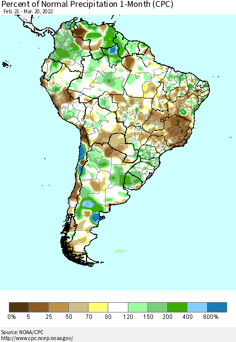 South America Percent of Normal Precipitation 1-Month (CPC) Thematic Map For 2/21/2022 - 3/20/2022