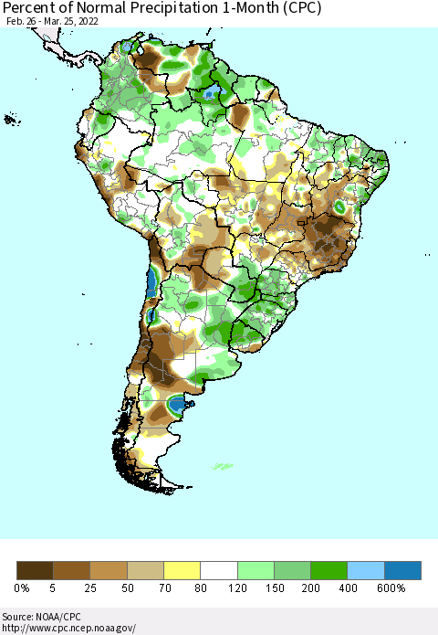South America Percent of Normal Precipitation 1-Month (CPC) Thematic Map For 2/26/2022 - 3/25/2022