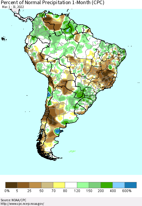 South America Percent of Normal Precipitation 1-Month (CPC) Thematic Map For 3/1/2022 - 3/31/2022