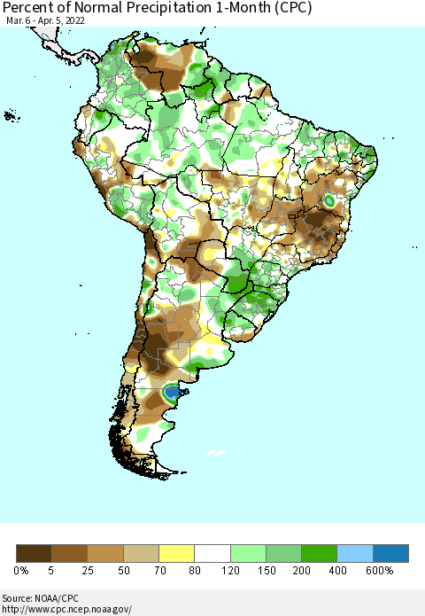 South America Percent of Normal Precipitation 1-Month (CPC) Thematic Map For 3/6/2022 - 4/5/2022
